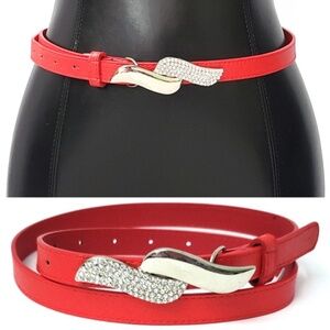 Thin red belt, women casual, business attire